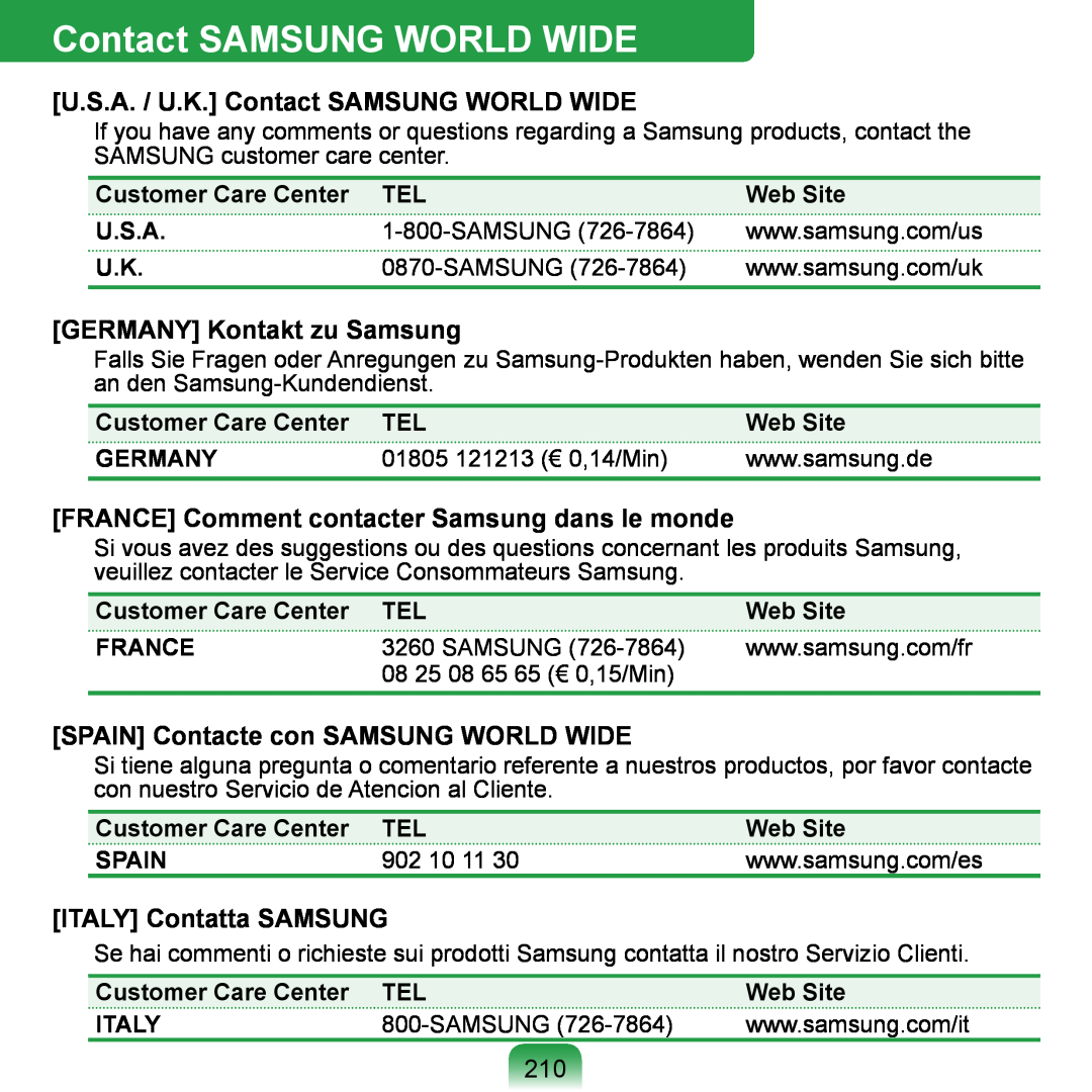 Samsung NP-Q1U/E03/SEI U.S.A. / U.K. Contact SAMSUNG WORLD WIDE, GERMANY Kontakt zu Samsung, ITALY Contatta SAMSUNG 