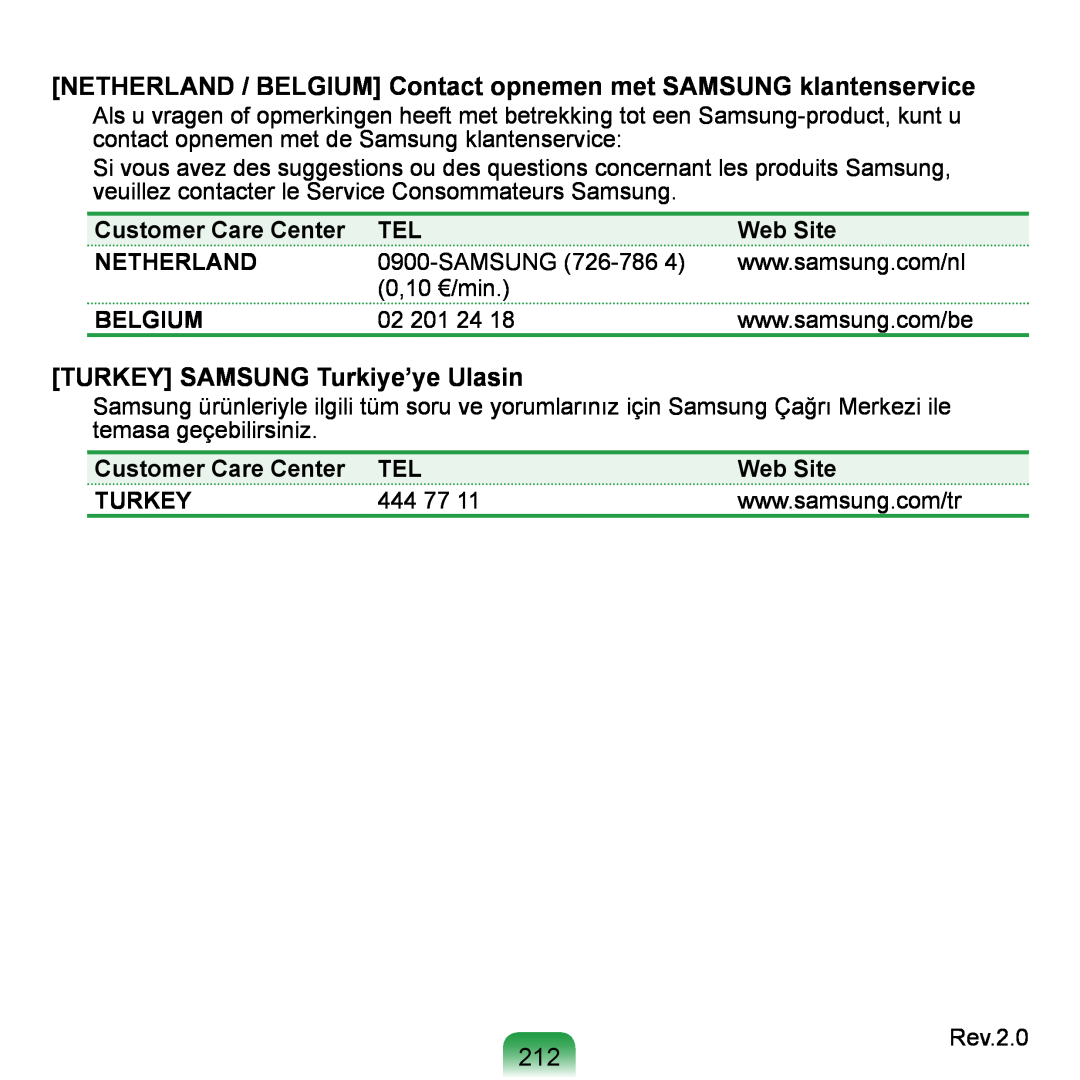 Samsung NP-Q1U/002/SEI NETHERLAND / BELGIUM Contact opnemen met SAMSUNG klantenservice, TURKEY SAMSUNG Turkiye’ye Ulasin 