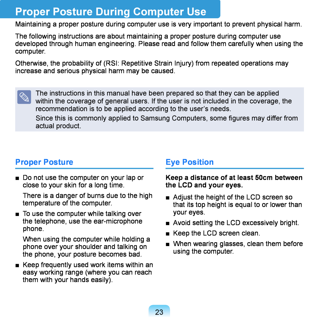 Samsung NP-Q1U/001/SEI, NP-Q1U/YM/SEG, NP-Q1U/001/SEG, NP-Q1UR000/SEG manual Proper Posture During Computer Use, Eye Position 
