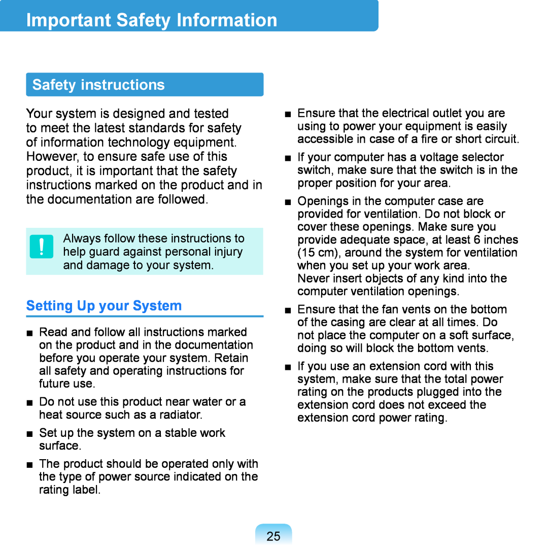 Samsung NP-Q1U/E03/SEI, NP-Q1U/YM/SEG manual Important Safety Information, Safety instructions, Setting Up your System 