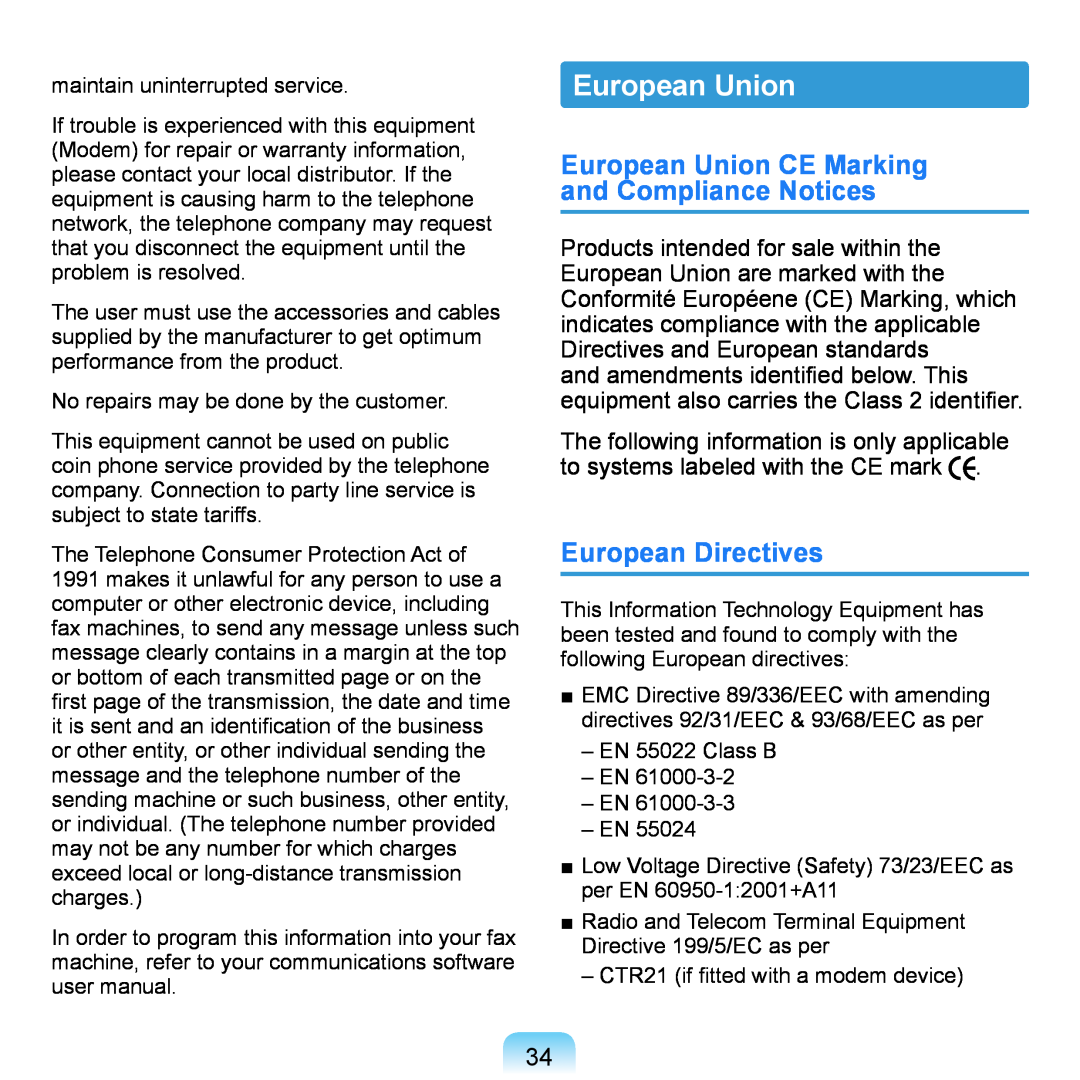 Samsung NP-Q1UR000/SER, NP-Q1U/YM/SEG manual European Union CE Marking and Compliance Notices, European Directives 