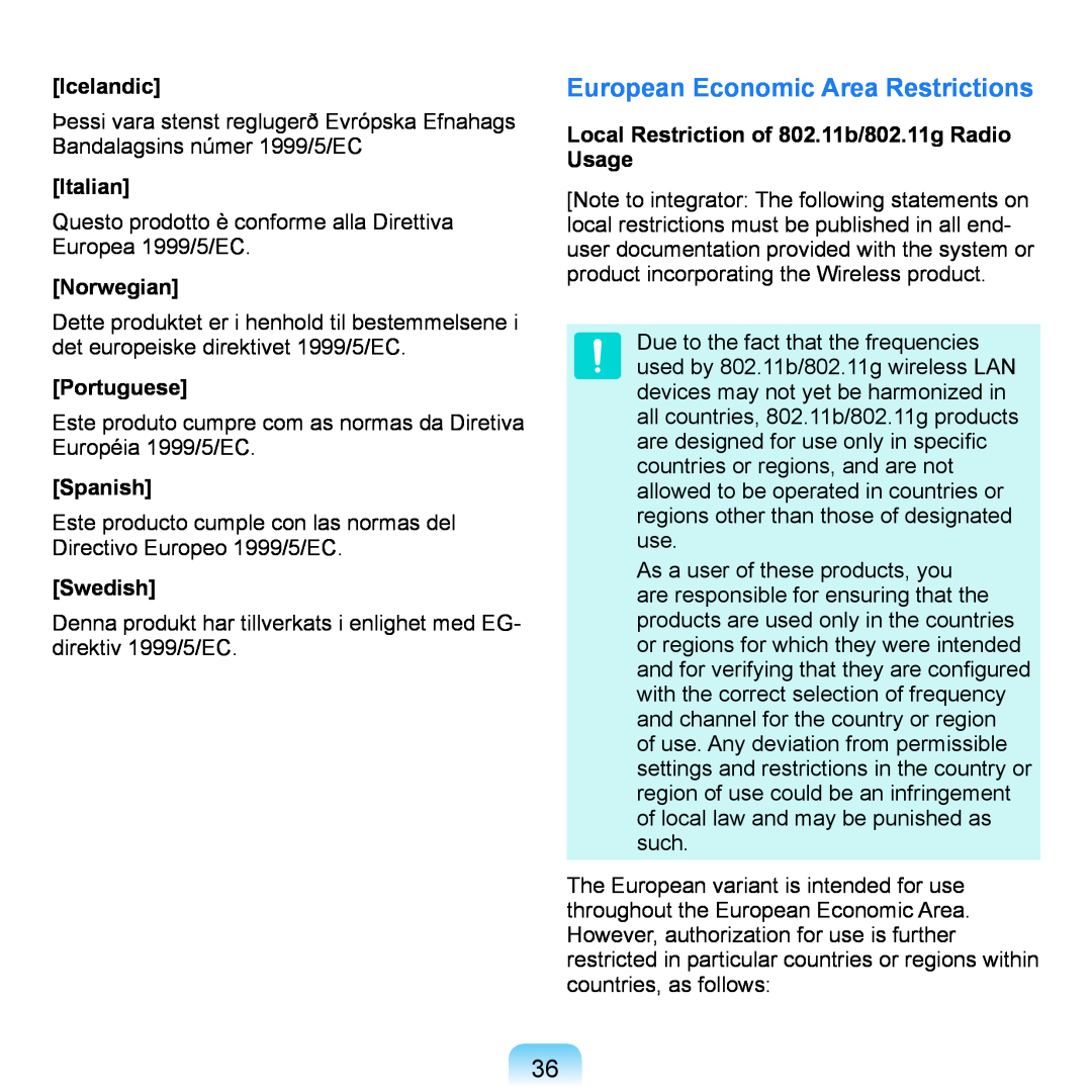 Samsung NP-Q1UF000/SER European Economic Area Restrictions, Icelandic, Italian, Norwegian, Portuguese, Spanish, Swedish 