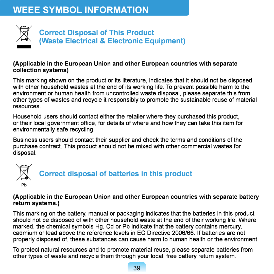 Samsung NP-Q1UR000/SEG Weee Symbol Information, Correct Disposal of This Product, Waste Electrical & Electronic Equipment 