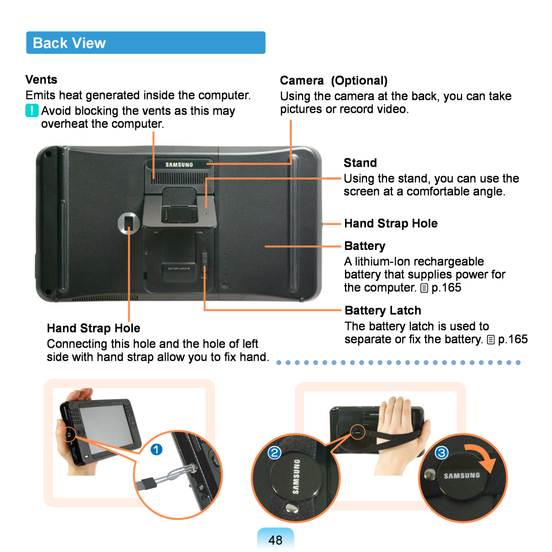 Samsung NP-Q1U/DEL/SEF, NP-Q1U/YM/SEG Back View, Vents, Camera Optional, Stand, Hand Strap Hole Battery, Battery Latch 