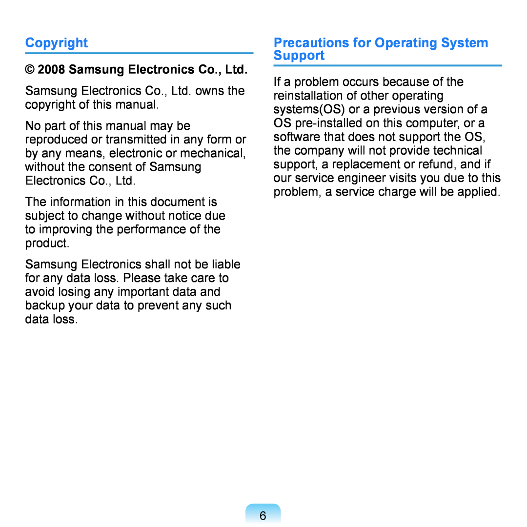 Samsung NP-Q1U/002/SEF, NP-Q1U/YM/SEG, NP-Q1U/001/SEG, NP-Q1UR000/SEG Copyright, Precautions for Operating System Support 