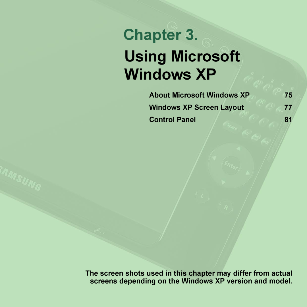 Samsung NP-Q1U/YM/SEG manual Chapter, Using Microsoft Windows XP, About Microsoft Windows XP, Windows XP Screen Layout 
