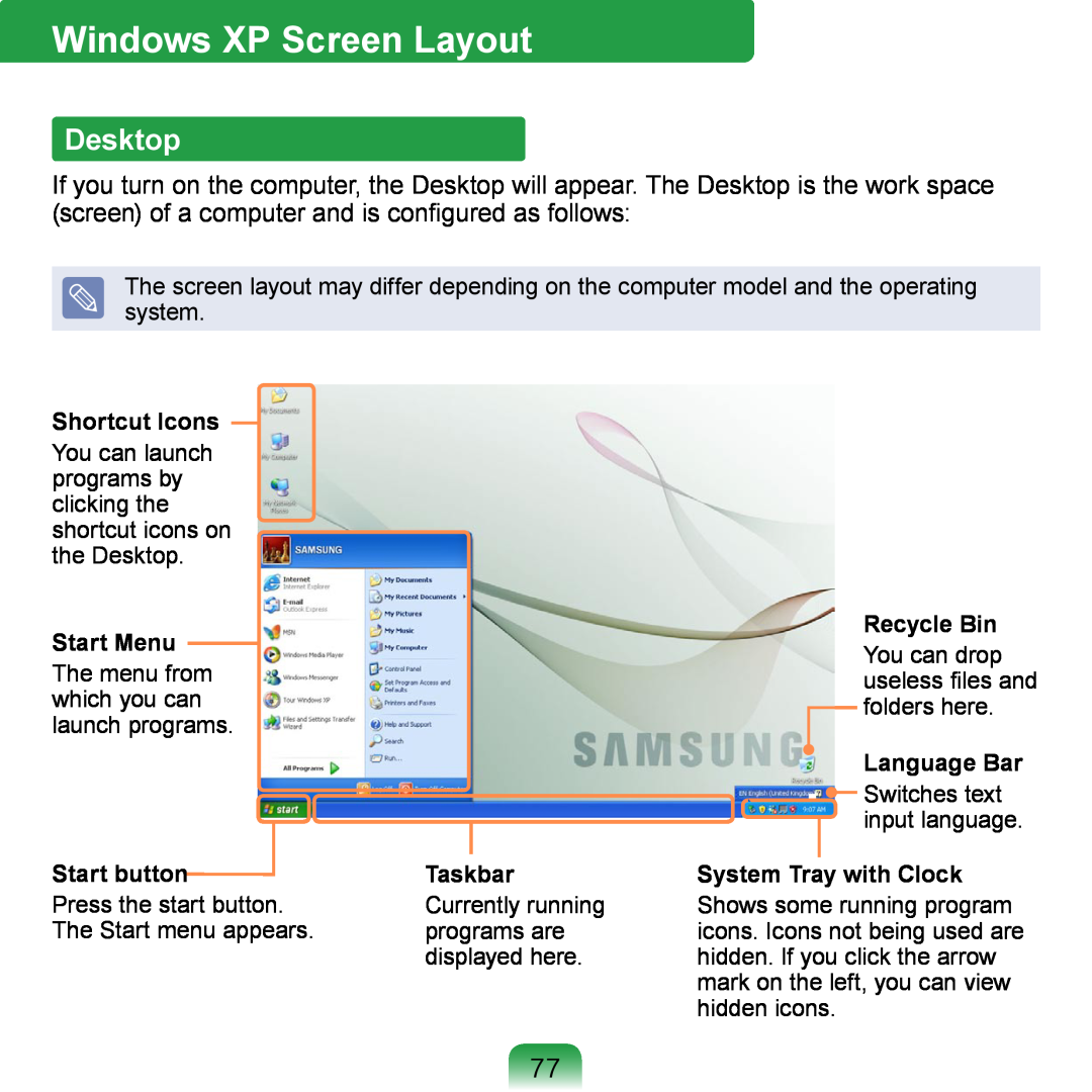 Samsung NP-Q1U/000/SEG Windows XP Screen Layout, Desktop, Shortcut Icons, Start Menu, Recycle Bin, Language Bar, Taskbar 