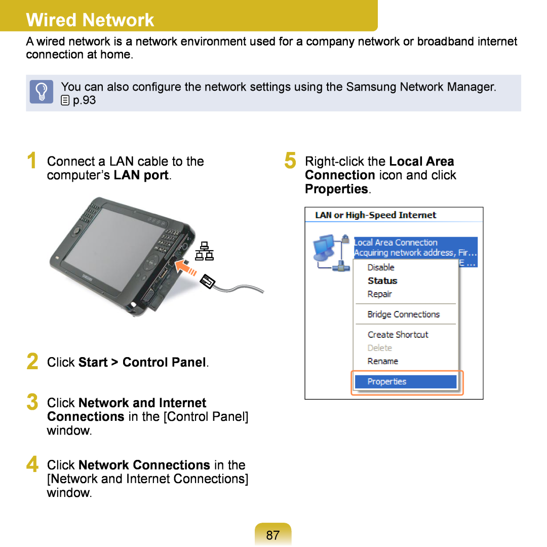 Samsung NP-Q1U/YM/SEF, NP-Q1U/YM/SEG Wired Network, Click Start Control Panel 3 Click Network and Internet, Properties 