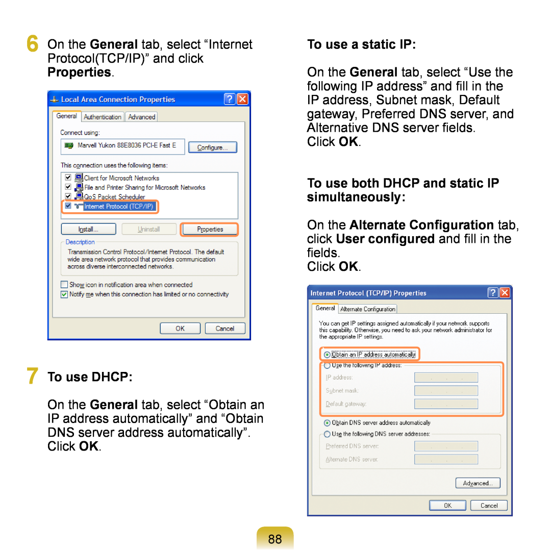 Samsung NP-Q1U-AIR/SEF, NP-Q1U/YM/SEG manual To use DHCP, To use a static IP, To use both DHCP and static IP simultaneously 