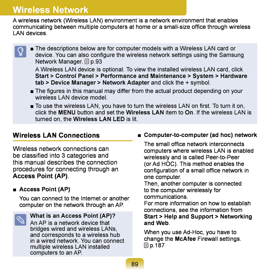 Samsung NP-Q1U-003/SEF, NP-Q1U/YM/SEG manual Wireless Network, Wireless LAN Connections, What is an Access Point AP? 