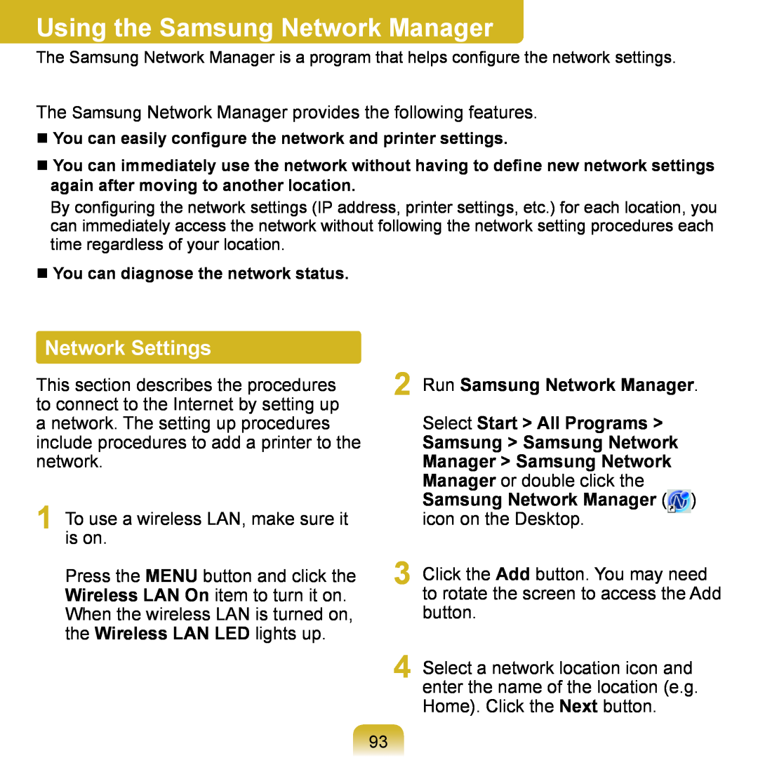 Samsung NP-Q1U/AUT/SEI, NP-Q1U/YM/SEG Using the Samsung Network Manager, Network Settings, Run Samsung Network Manager 