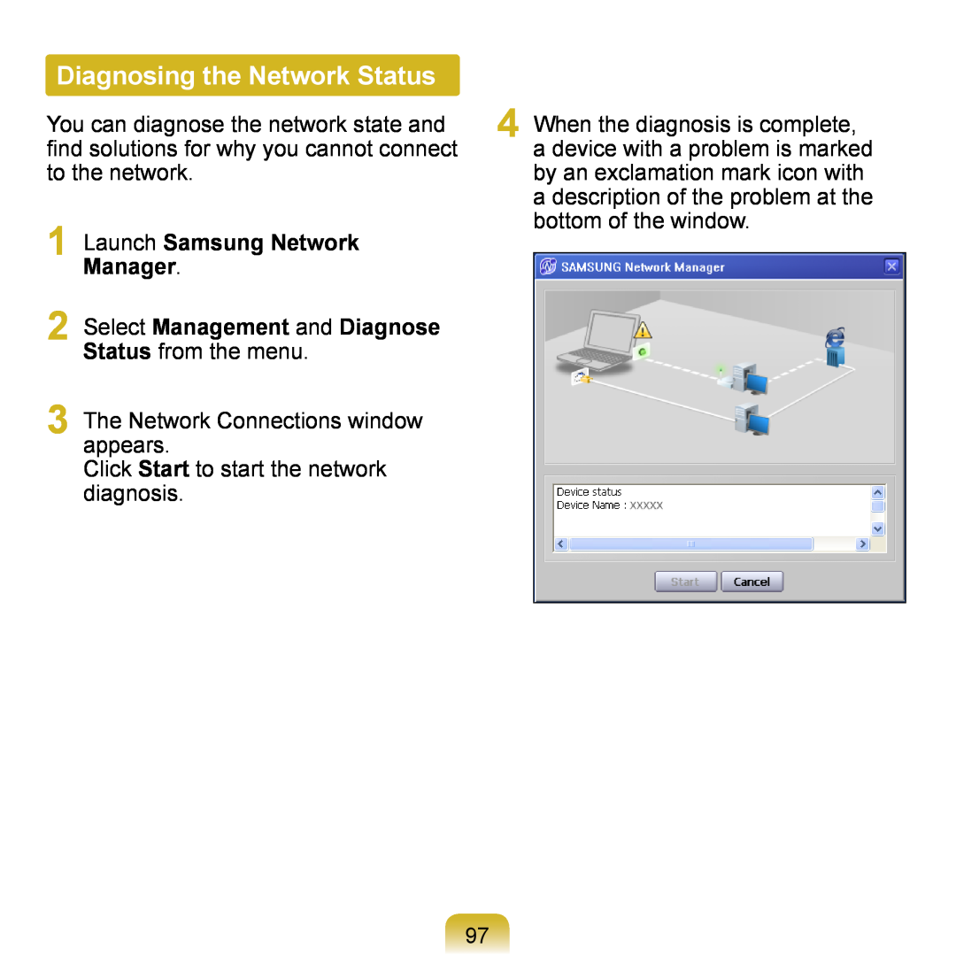 Samsung NP-Q1U/001/SEI Diagnosing the Network Status, Launch Samsung Network Manager 2 Select Management and Diagnose 