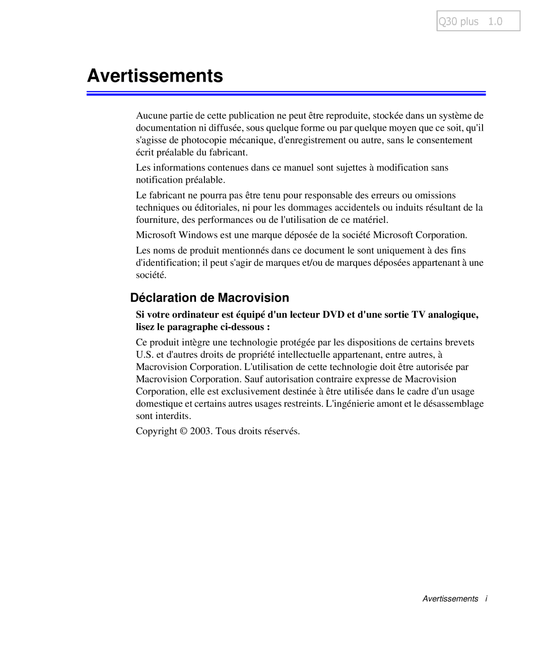 Samsung NP-Q30TY01/SEF, NP-Q30T002/SEF, NP-Q30T001/SEF, NP-Q30CY00/SEF manual Avertissements, Déclaration de Macrovision 