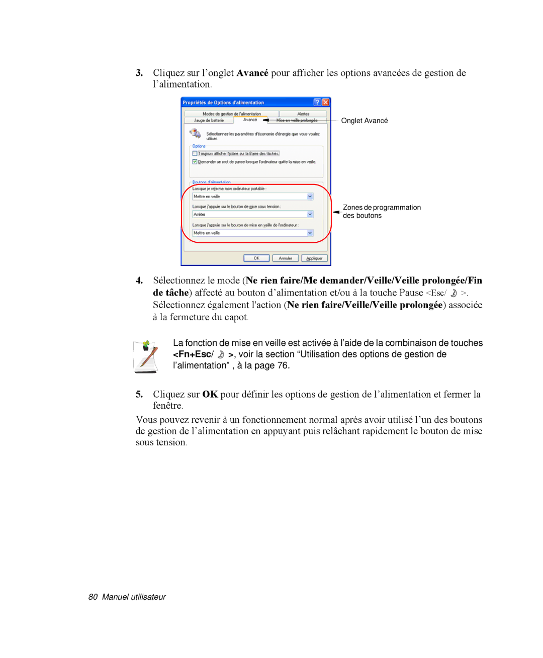 Samsung NP-Q30TY02/SEF, NP-Q30T002/SEF, NP-Q30TY01/SEF, NP-Q30T001/SEF manual Onglet Avancé Zones de programmation Des boutons 