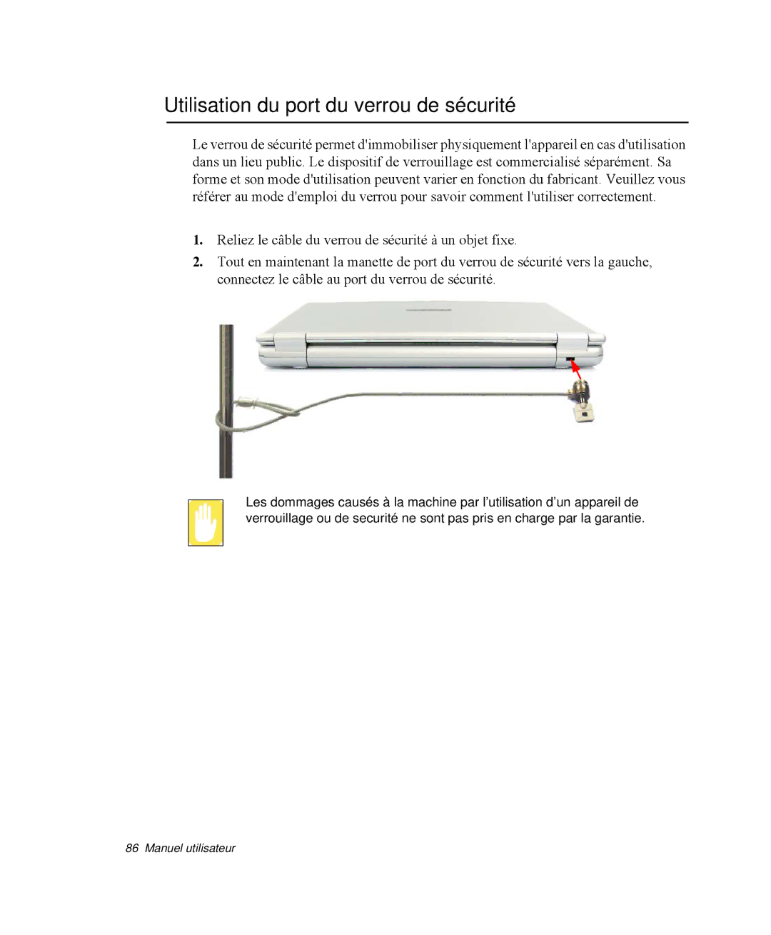 Samsung NP-Q30TY02/SEF, NP-Q30T002/SEF, NP-Q30TY01/SEF, NP-Q30T001/SEF manual Utilisation du port du verrou de sécurité 