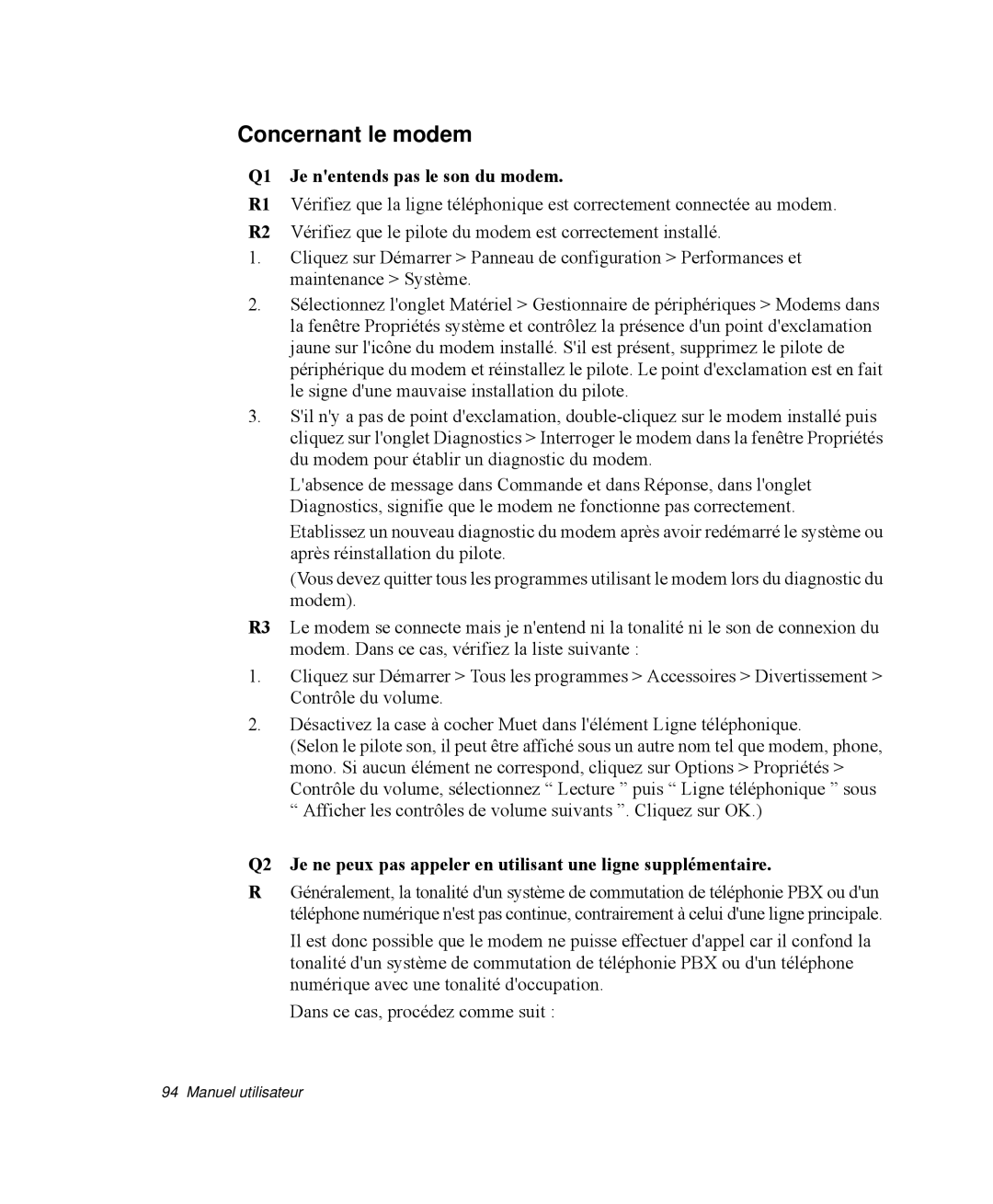 Samsung NP-Q30T002/SEF, NP-Q30TY01/SEF, NP-Q30T001/SEF manual Concernant le modem, Q1 Je nentends pas le son du modem 