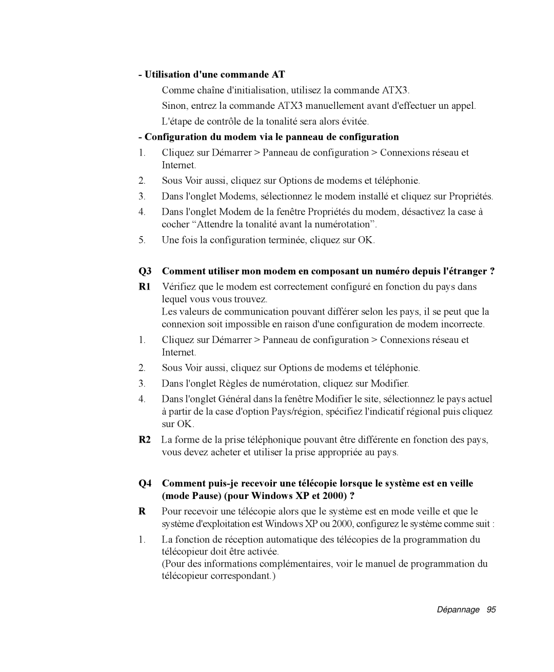 Samsung NP-Q30TY01/SEF manual Utilisation dune commande AT, Configuration du modem via le panneau de configuration 