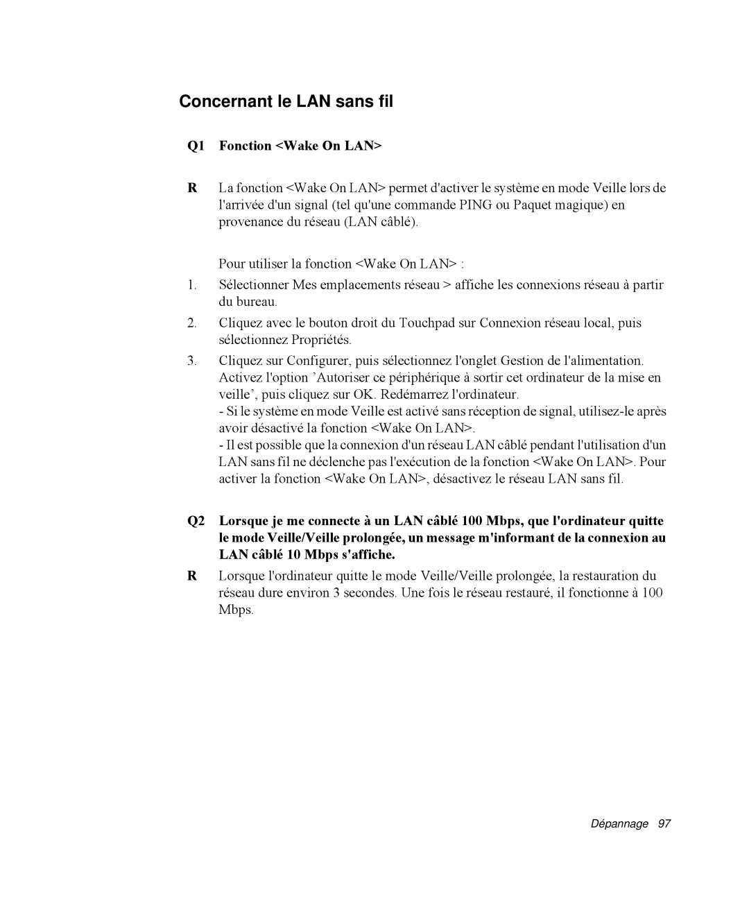 Samsung NP-Q30CY00/SEF, NP-Q30T002/SEF, NP-Q30TY01/SEF, NP-Q30T001/SEF Concernant le LAN sans fil, Q1 Fonction Wake On LAN 