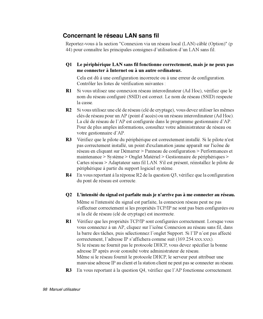 Samsung NP-Q30TY02/SEF, NP-Q30T002/SEF, NP-Q30TY01/SEF, NP-Q30T001/SEF, NP-Q30CY00/SEF manual Concernant le réseau LAN sans fil 