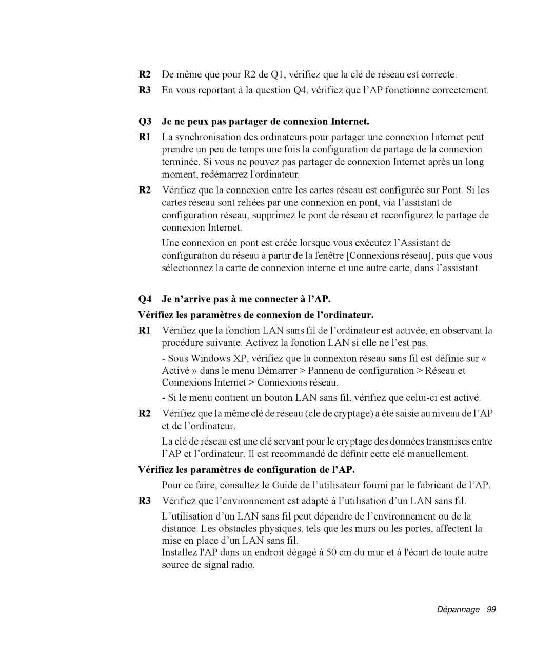 Samsung NP-Q30T003/SEF Q3 Je ne peux pas partager de connexion Internet, Vérifiez les paramètres de configuration de l’AP 