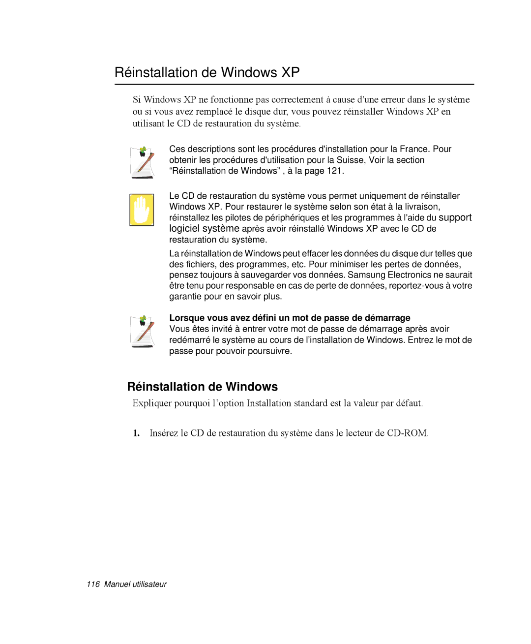 Samsung NP-Q30TY02/SEF, NP-Q30T002/SEF Réinstallation de Windows XP, Lorsque vous avez défini un mot de passe de démarrage 