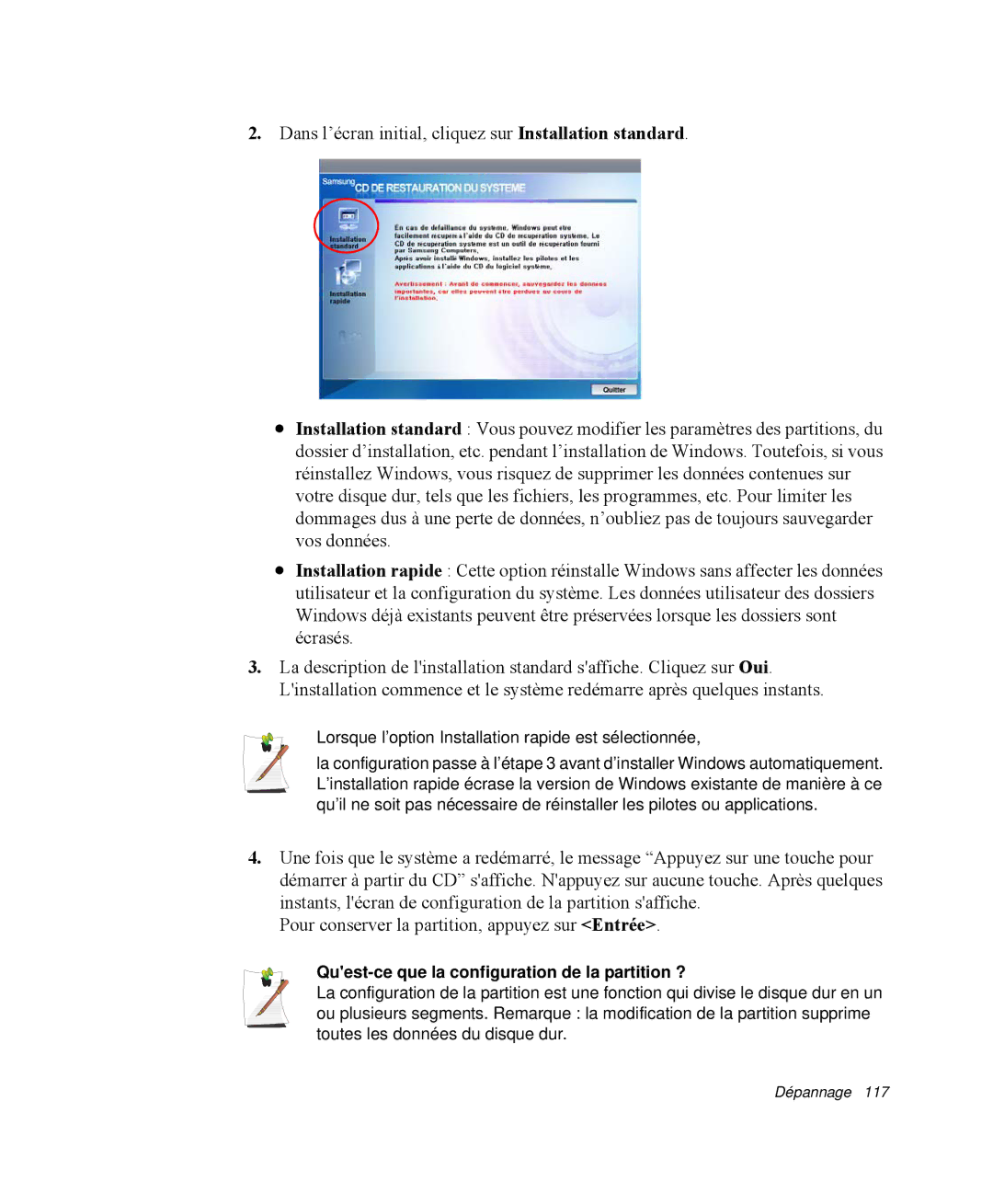 Samsung NP-Q30T003/SEF, NP-Q30T002/SEF, NP-Q30TY01/SEF, NP-Q30T001/SEF Lorsque l’option Installation rapide est sélectionnée 