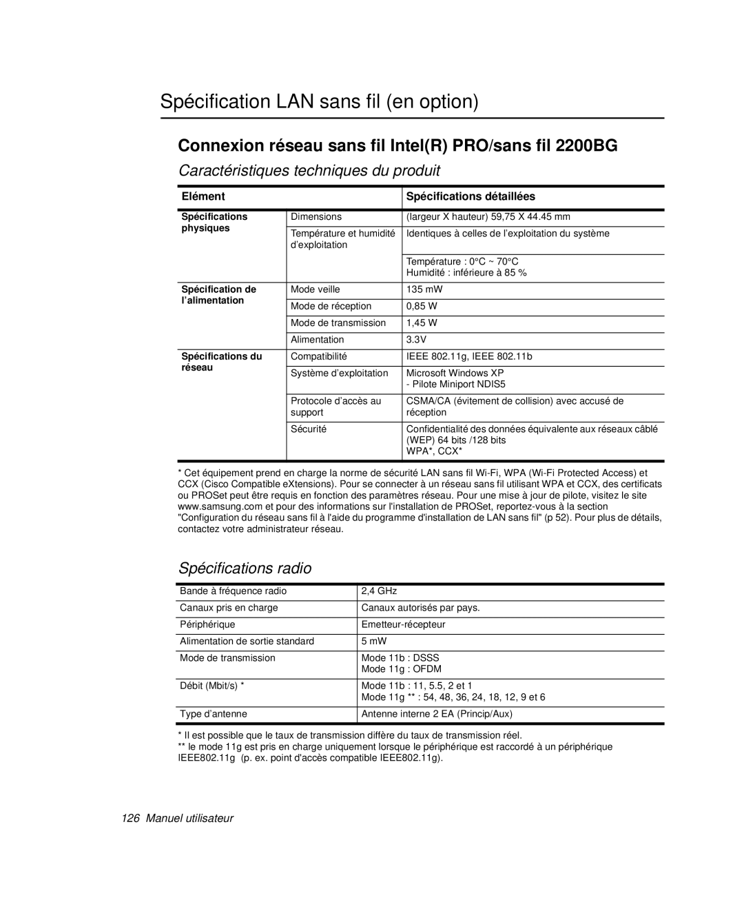 Samsung NP-Q30T001/SEF manual Spécification LAN sans fil en option, Connexion réseau sans fil IntelR PRO/sans fil 2200BG 