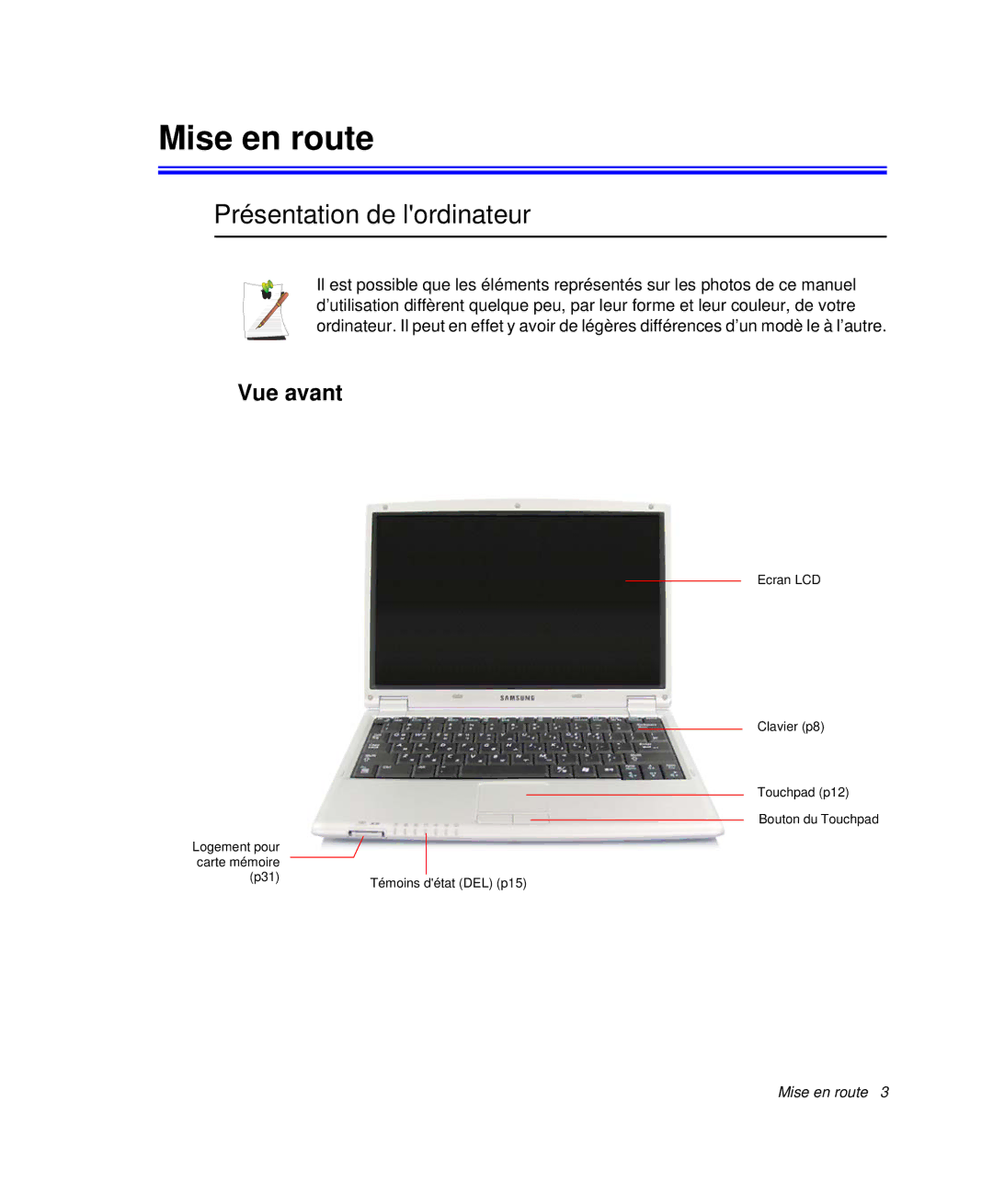 Samsung NP-Q30T003/SEF, NP-Q30T002/SEF, NP-Q30TY01/SEF, NP-Q30T001/SEF Mise en route, Présentation de lordinateur, Vue avant 