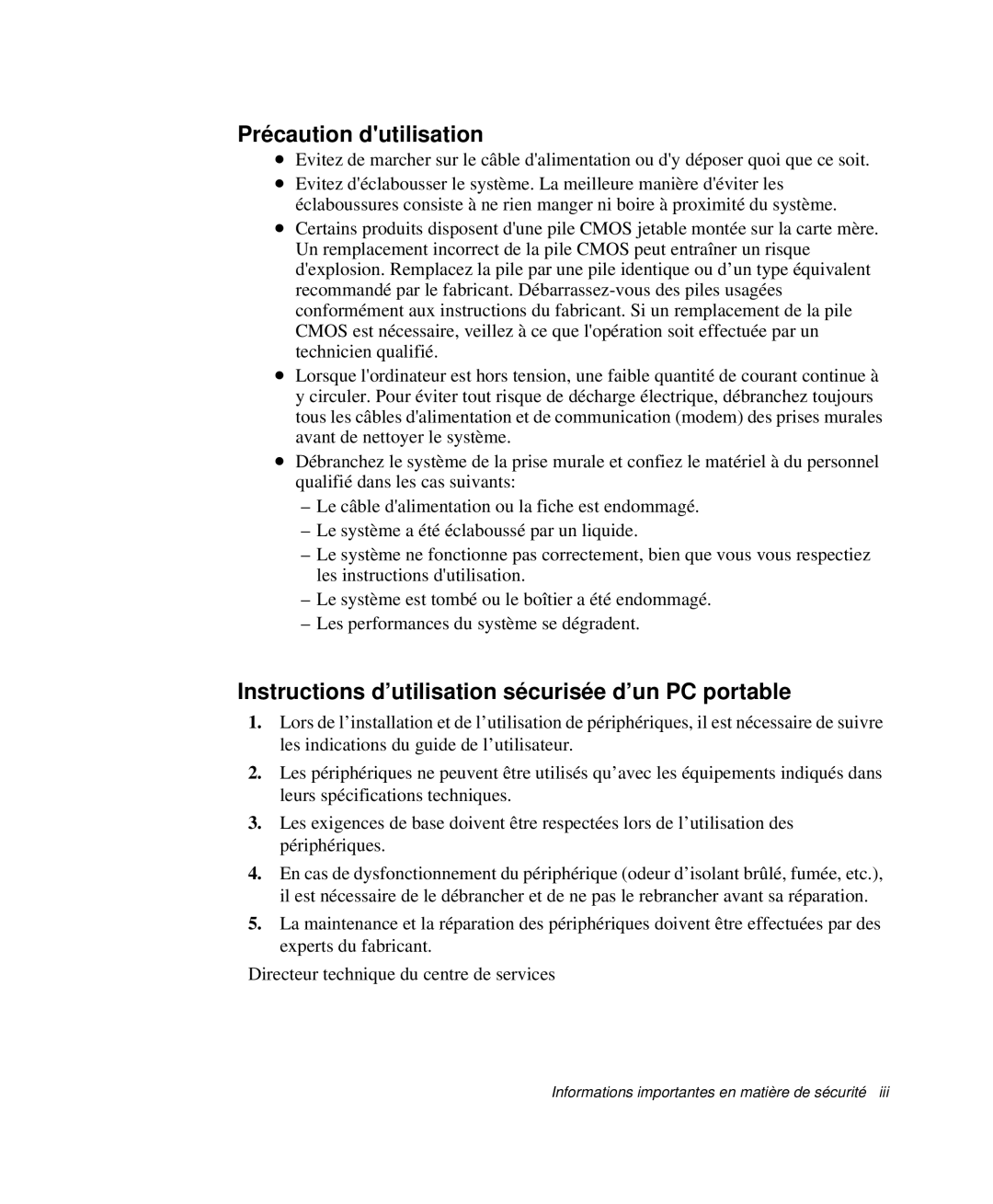 Samsung NP-Q30CY00/SEF, NP-Q30T002/SEF manual Précaution dutilisation, Instructions d’utilisation sécurisée d’un PC portable 