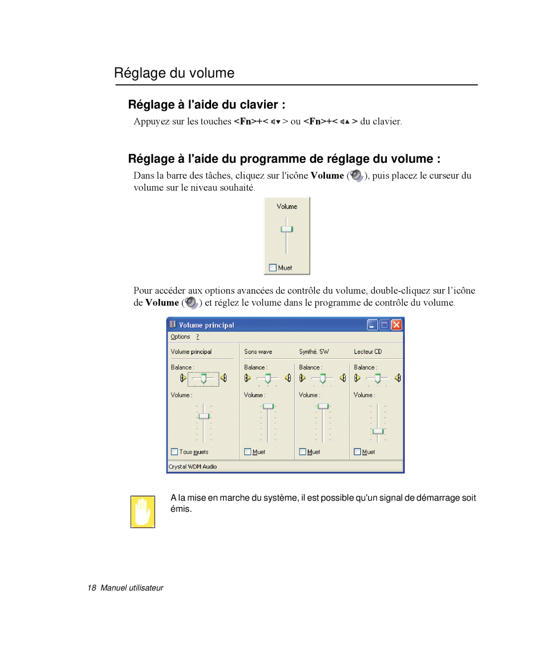 Samsung NP-Q30T001/SEF, NP-Q30T002/SEF, NP-Q30TY01/SEF Réglage du volume, Réglage à laide du programme de réglage du volume 