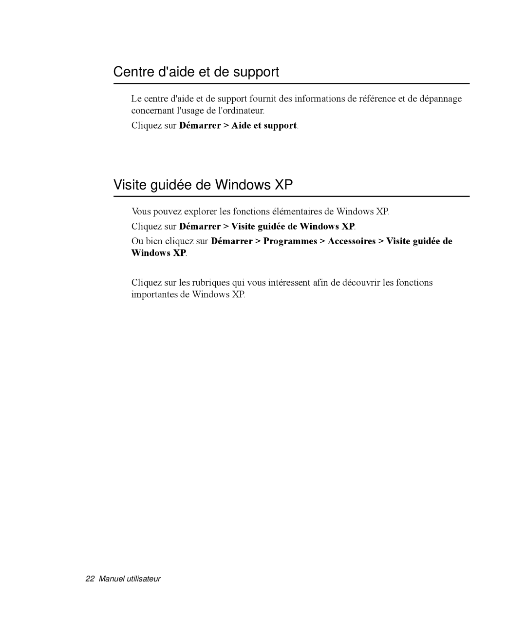 Samsung NP-Q30T002/SEF manual Centre daide et de support, Visite guidée de Windows XP, Cliquez sur Démarrer Aide et support 