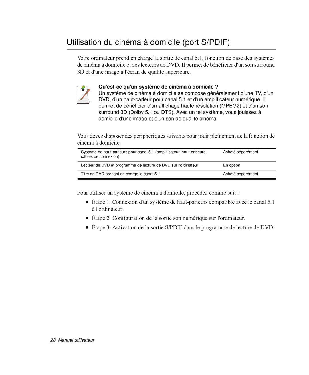 Samsung NP-Q30T002/SEF manual Utilisation du cinéma à domicile port S/PDIF, Quest-ce quun système de cinéma à domicile ? 