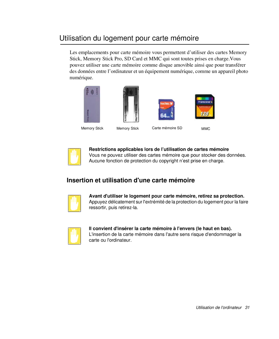 Samsung NP-Q30CY00/SEF manual Utilisation du logement pour carte mémoire, Insertion et utilisation dune carte mémoire 