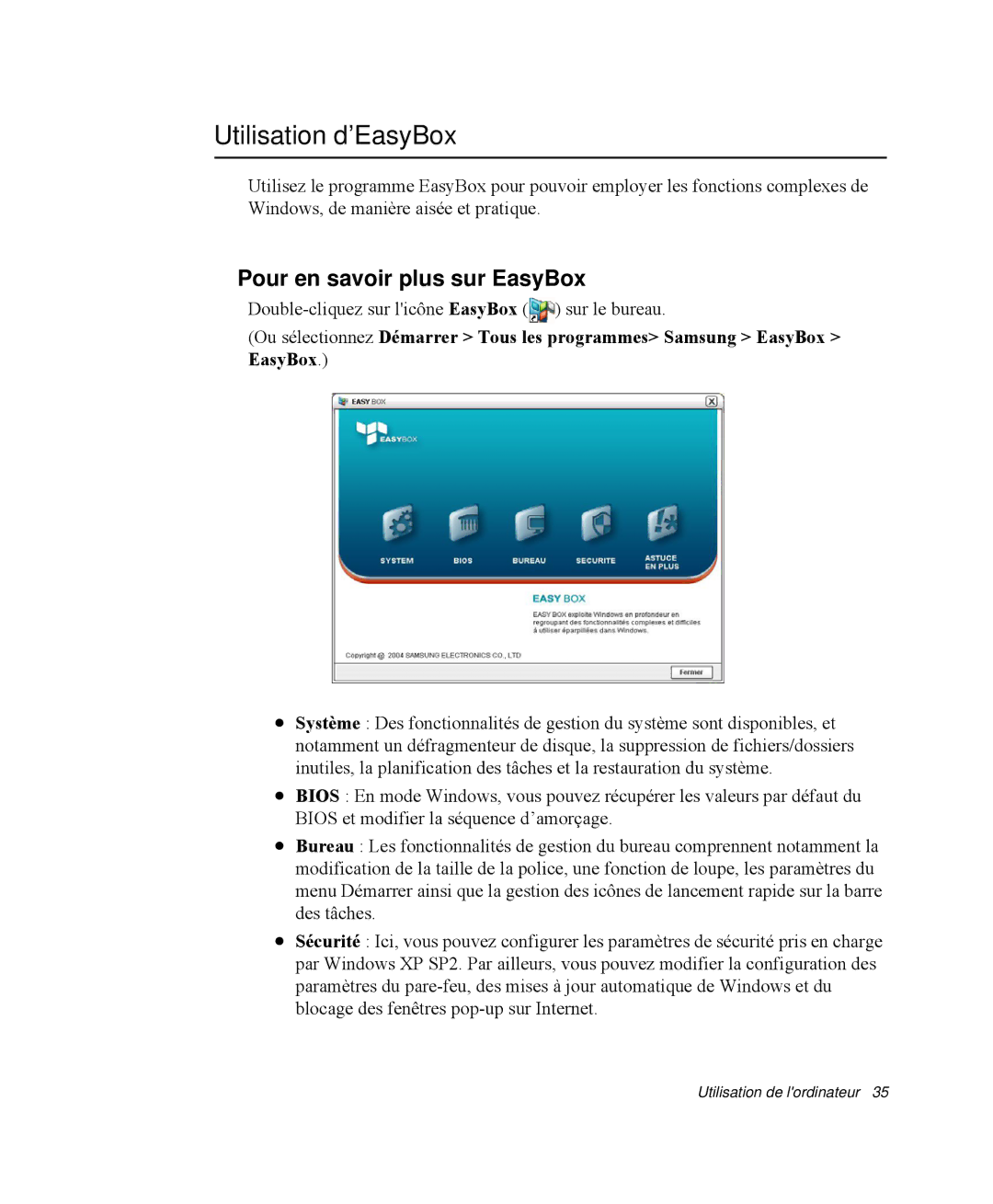 Samsung NP-Q30TY01/SEF, NP-Q30T002/SEF, NP-Q30T001/SEF manual Utilisation d’EasyBox, Pour en savoir plus sur EasyBox 