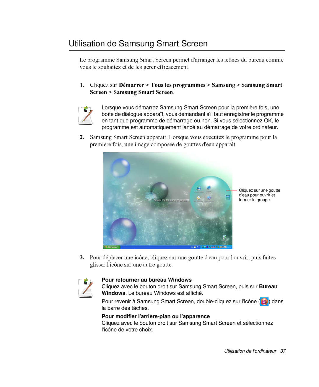 Samsung NP-Q30CY00/SEF, NP-Q30T002/SEF manual Utilisation de Samsung Smart Screen, Pour retourner au bureau Windows 