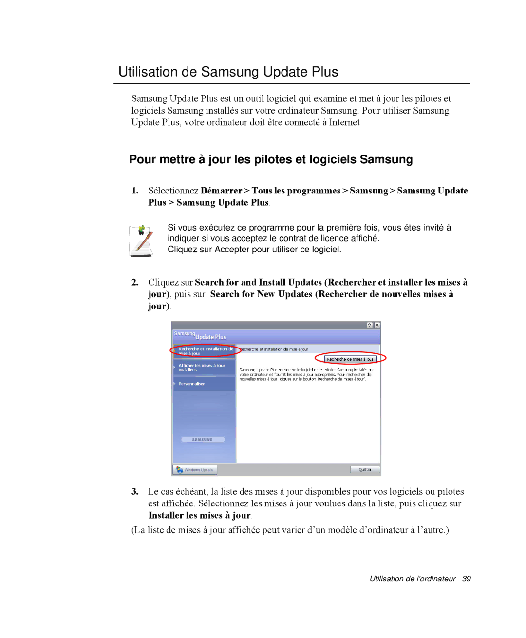 Samsung NP-Q30T003/SEF manual Utilisation de Samsung Update Plus, Pour mettre à jour les pilotes et logiciels Samsung 