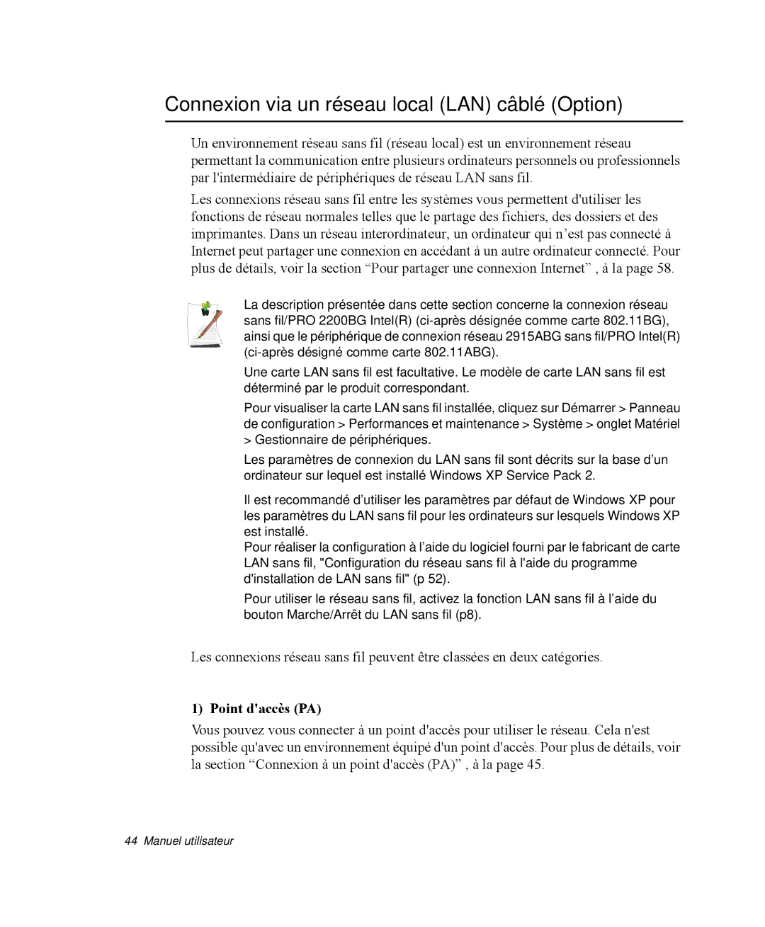 Samsung NP-Q30TY02/SEF, NP-Q30T002/SEF, NP-Q30TY01/SEF manual Connexion via un réseau local LAN câblé Option, Point daccès PA 