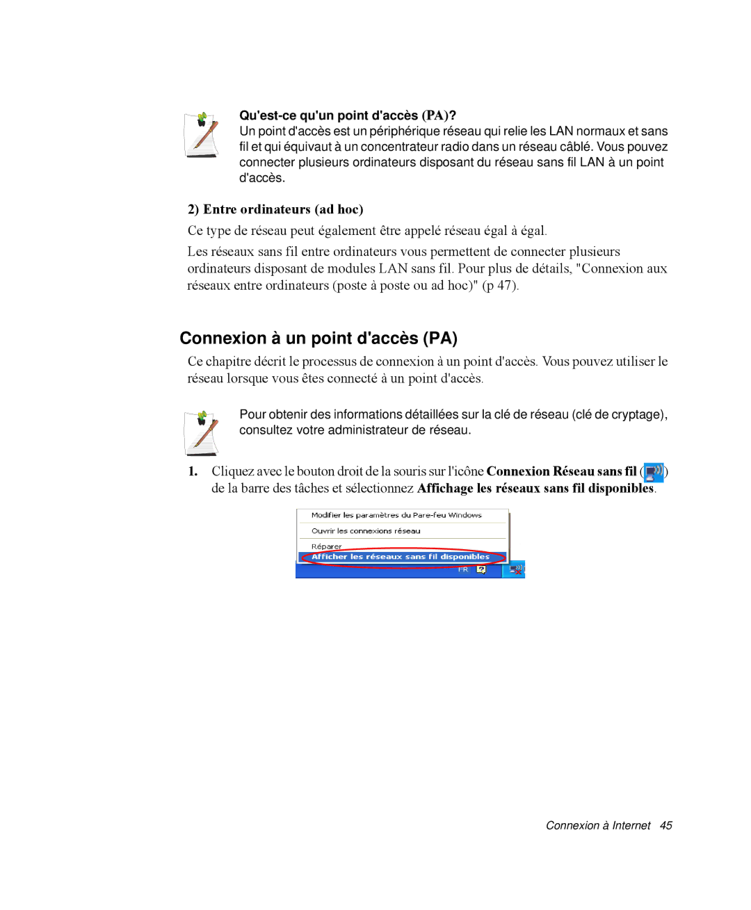 Samsung NP-Q30T003/SEF manual Connexion à un point daccès PA, Entre ordinateurs ad hoc, Quest-ce quun point daccès PA? 