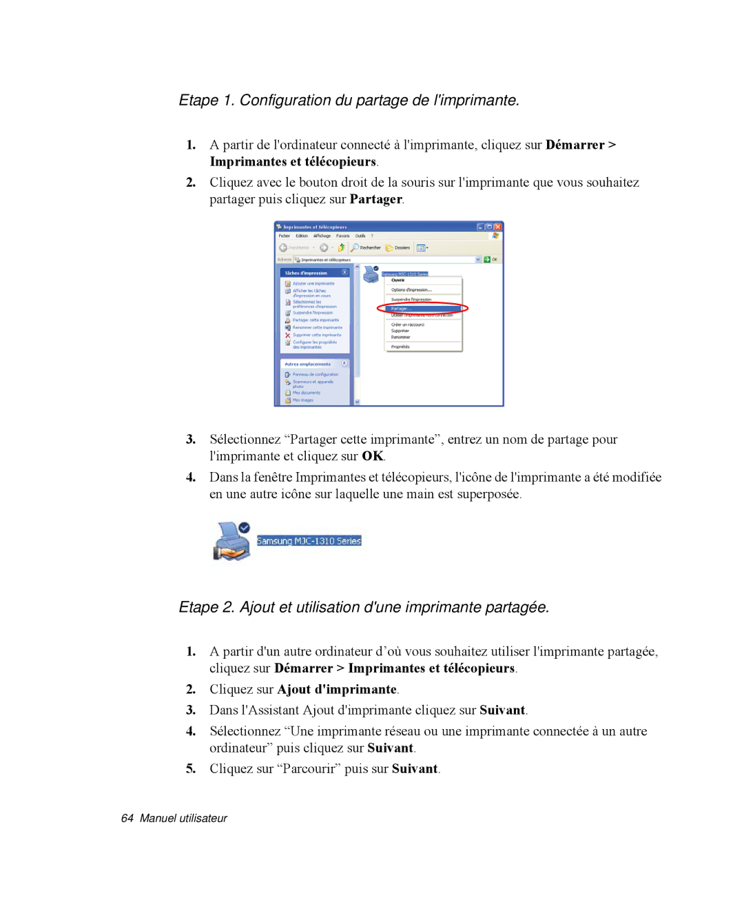 Samsung NP-Q30T002/SEF, NP-Q30TY01/SEF Etape 1. Configuration du partage de limprimante, Cliquez sur Ajout dimprimante 