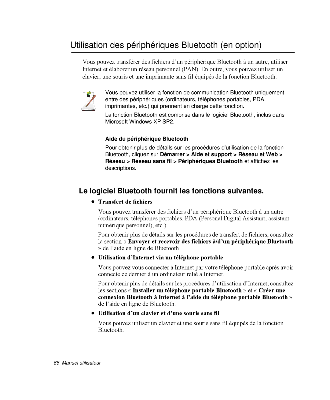 Samsung NP-Q30T001/SEF, NP-Q30T002/SEF manual Utilisation des périphériques Bluetooth en option, Transfert de fichiers 