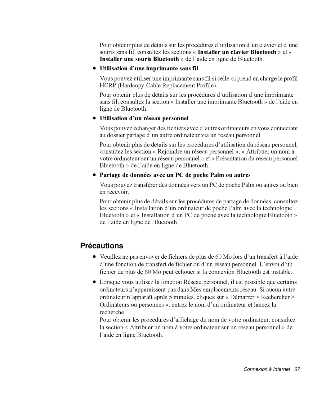 Samsung NP-Q30CY00/SEF manual Précautions, Utilisation d’une imprimante sans fil, Utilisation d’un réseau personnel 