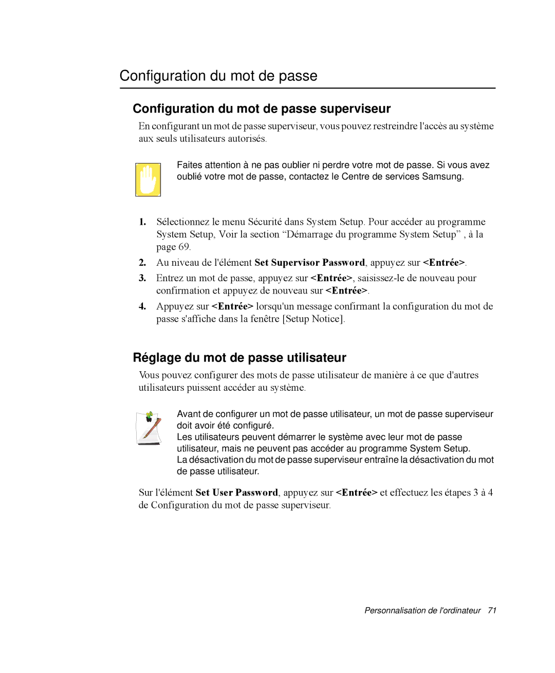 Samsung NP-Q30TY01/SEF, NP-Q30T002/SEF Configuration du mot de passe superviseur, Réglage du mot de passe utilisateur 