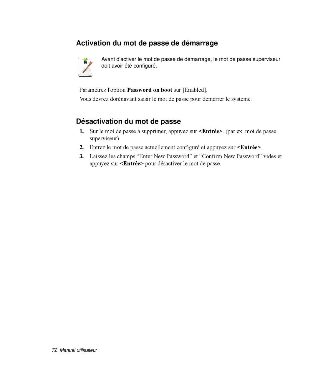 Samsung NP-Q30T001/SEF, NP-Q30T002/SEF manual Activation du mot de passe de démarrage, Désactivation du mot de passe 