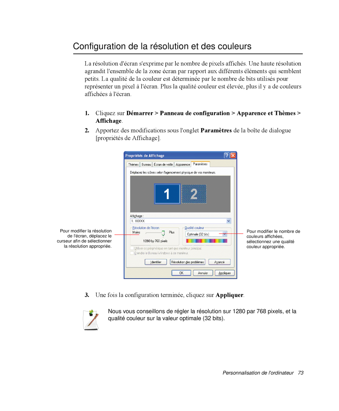 Samsung NP-Q30CY00/SEF, NP-Q30T002/SEF, NP-Q30TY01/SEF, NP-Q30T001/SEF manual Configuration de la résolution et des couleurs 