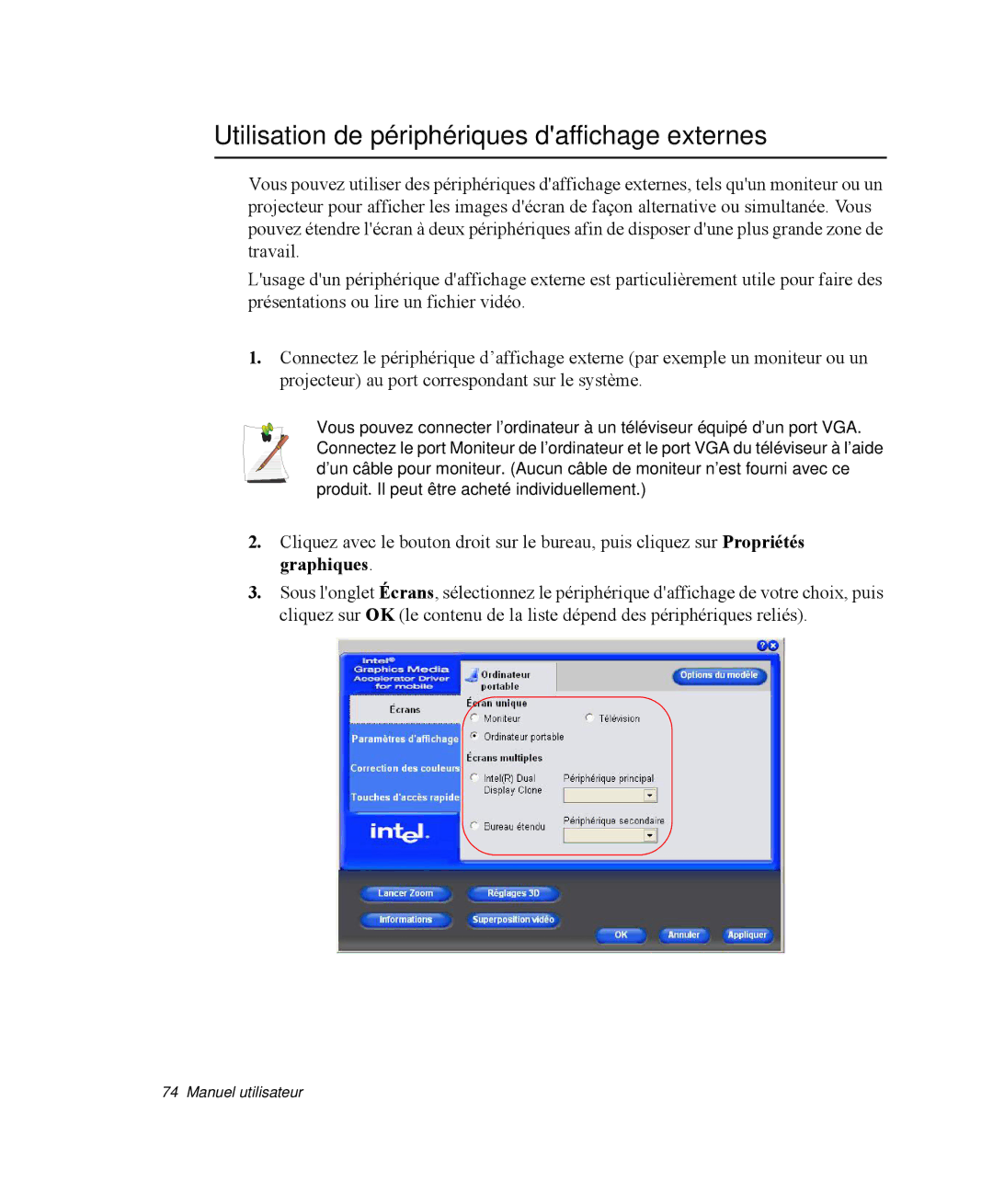 Samsung NP-Q30TY02/SEF, NP-Q30T002/SEF, NP-Q30TY01/SEF, NP-Q30T001/SEF manual Utilisation de périphériques daffichage externes 