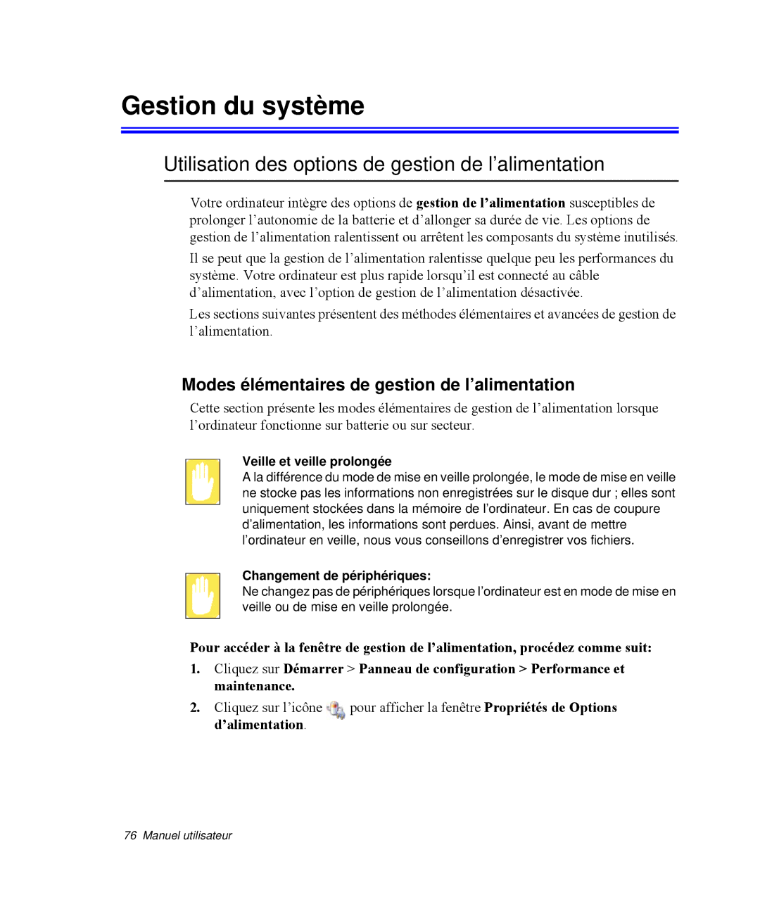 Samsung NP-Q30T002/SEF, NP-Q30TY01/SEF manual Gestion du système, Utilisation des options de gestion de l’alimentation 