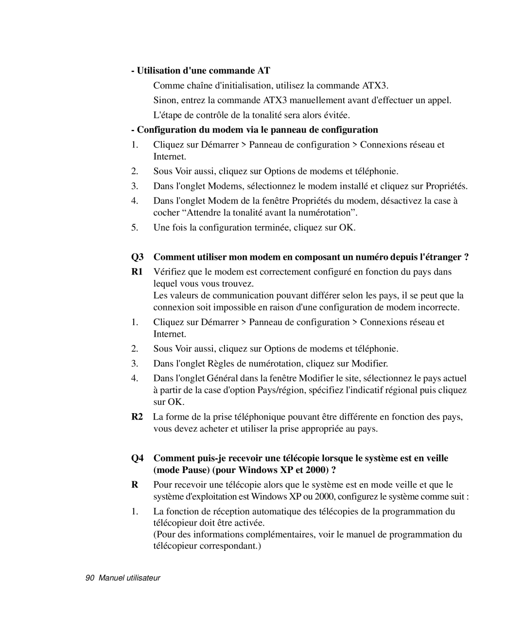 Samsung NP-Q30TY01/SEF manual Utilisation dune commande AT, Configuration du modem via le panneau de configuration 