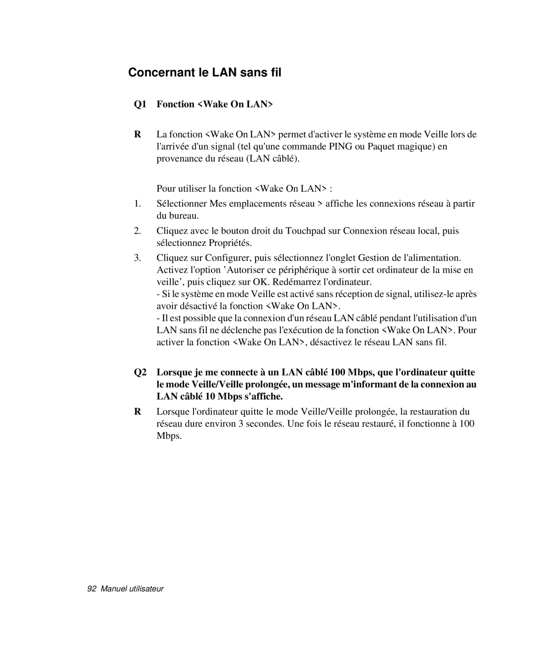 Samsung NP-Q30CY00/SEF, NP-Q30T002/SEF, NP-Q30TY01/SEF, NP-Q30T001/SEF Concernant le LAN sans fil, Q1 Fonction Wake On LAN 