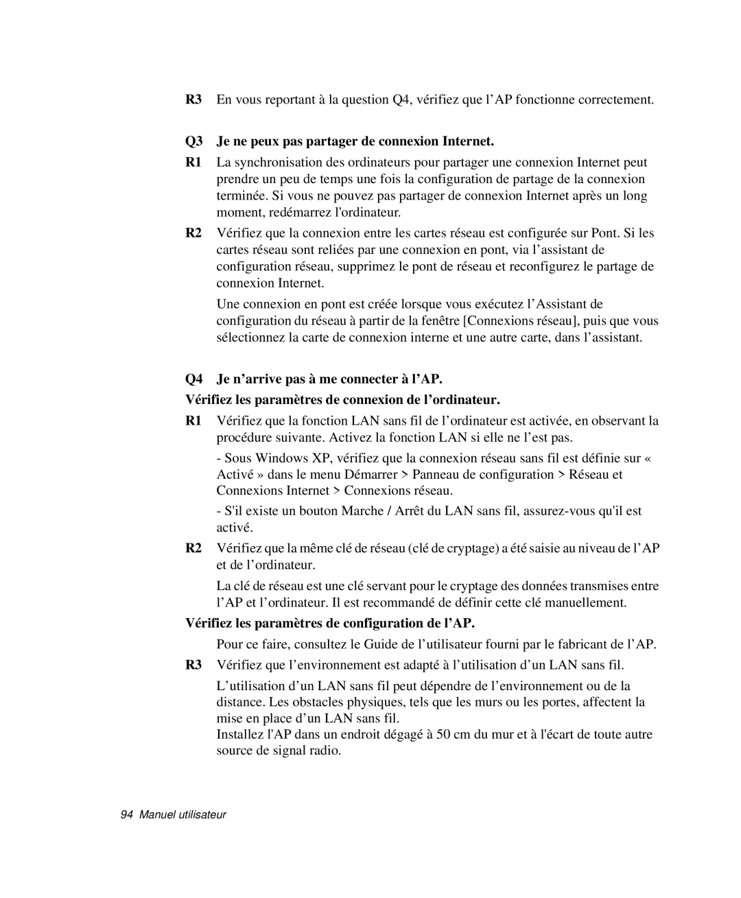 Samsung NP-Q30T003/SEF Q3 Je ne peux pas partager de connexion Internet, Vérifiez les paramètres de configuration de l’AP 