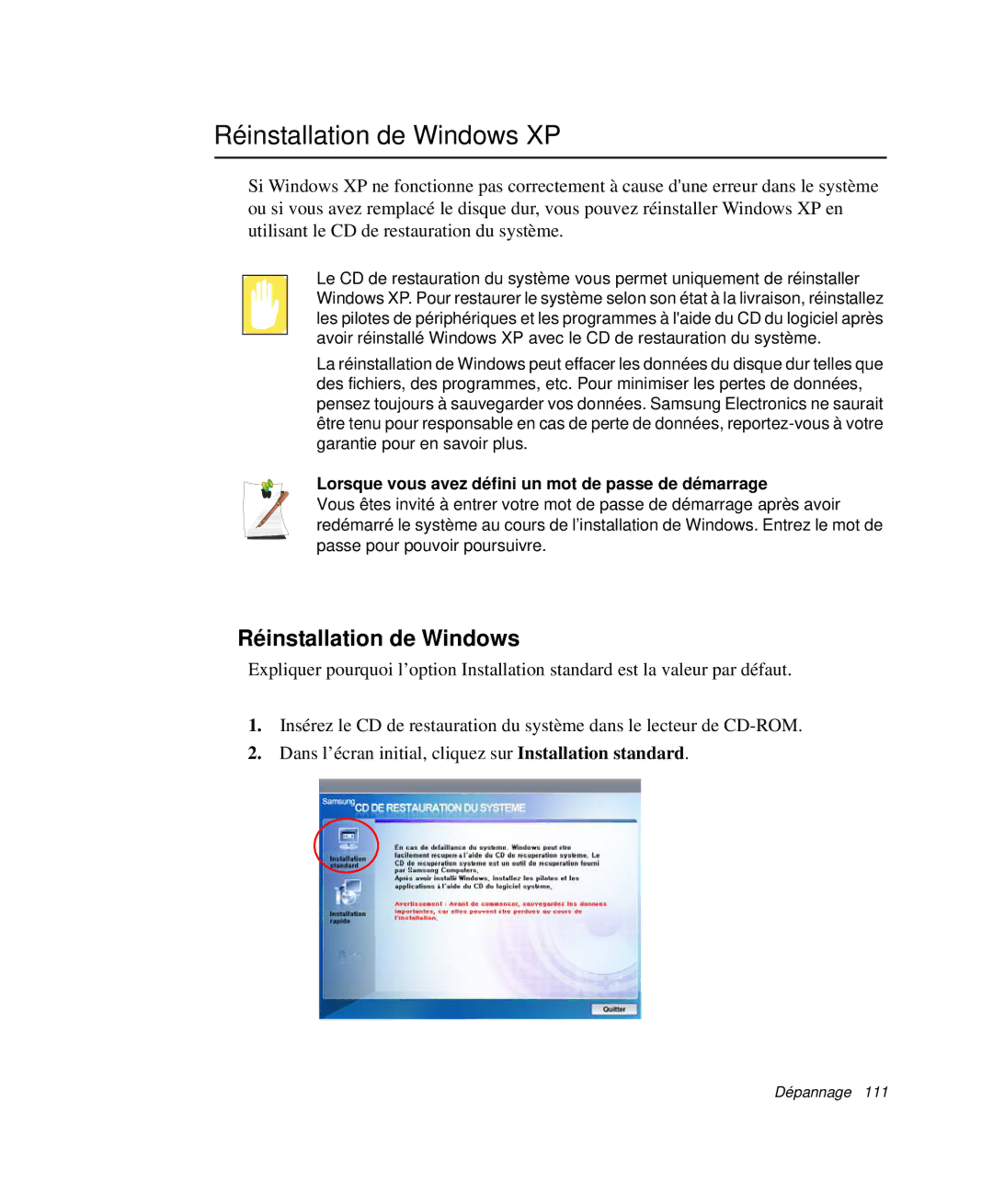 Samsung NP-Q30TY02/SEF, NP-Q30T002/SEF Réinstallation de Windows XP, Lorsque vous avez défini un mot de passe de démarrage 